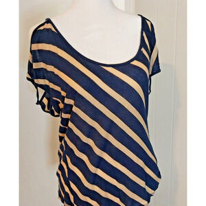 One Clothing Boho Top Small Stretch Navy & Tan Stripe Blouse Shirt‎ / #3149